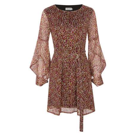 Robe courte rouge imprimée abstraite avec une coupe droite col rond et à manches longues