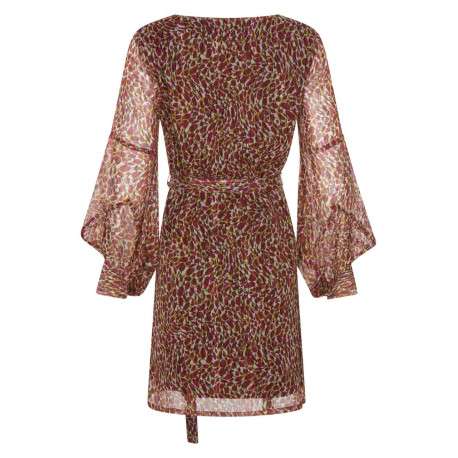 Robe courte rouge imprimée abstraite avec une coupe droite col rond et à manches longues - Image 2