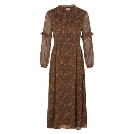 Robe longue caramel imprimée cachemire avec une coupe patineuse col ruffle et à manches longues