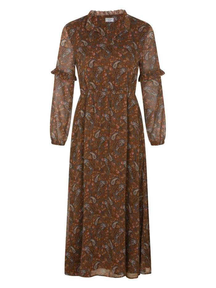 Col Ruffle Robe longue caramel imprimée cachemire avec une coupe patineuse col ...