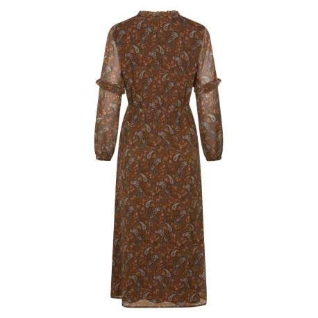 Robe longue caramel imprimée cachemire avec une coupe patineuse col ruffle et à manches longues - Image 2