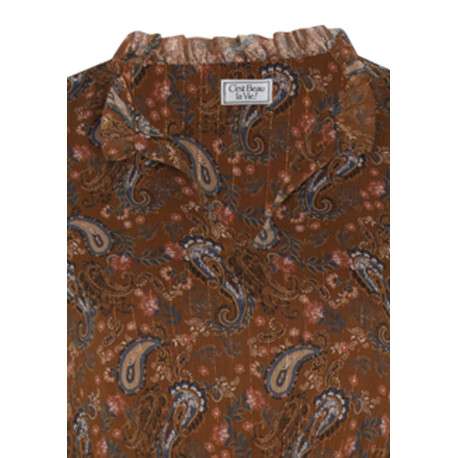 Robe longue caramel imprimée cachemire avec une coupe patineuse col ruffle et à manches longues - Image 3