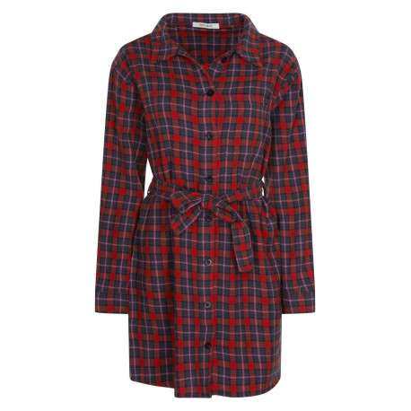 Robe courte en coton multicolore carreaux col italien et à manches longues