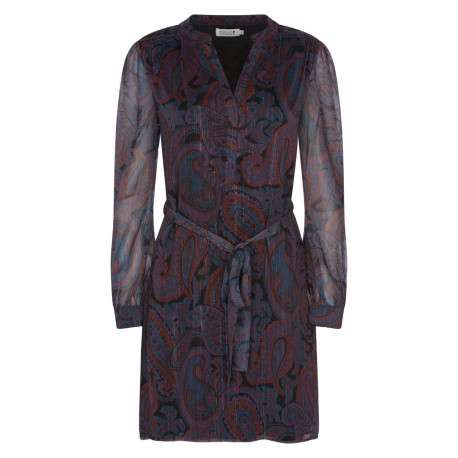 Robe courte bordeaux imprimé cachemire à coupe droite col v et à manches longues