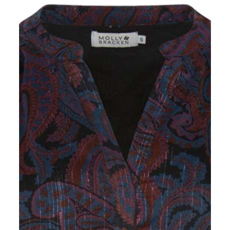Robe courte bordeaux imprimé cachemire à coupe droite col v et à manches longues - Image 3