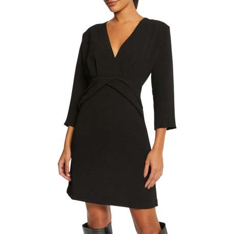 Robe courte noire unie effet gauffré avec une coupe droite col v et à manches courtes - Image 4