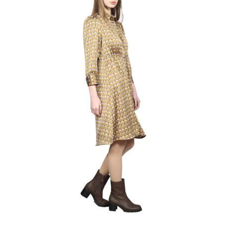 Robe courte jaune imprimé abstrait à coupe évasée col italien et à manches 3/5 - Image 2