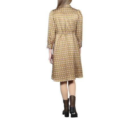 Robe courte jaune imprimé abstrait à coupe évasée col italien et à manches 3/5 - Image 3