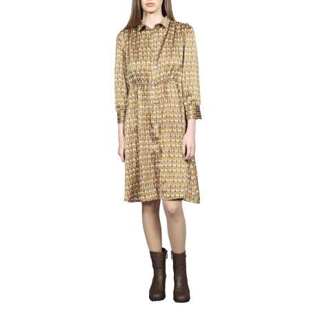 Robe courte jaune imprimé abstrait à coupe évasée col italien et à manches 3/5