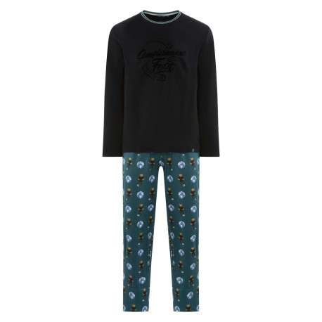 Pyjama Long en coton biologique noir imprimé teddy avec une coupe fermée et col rond