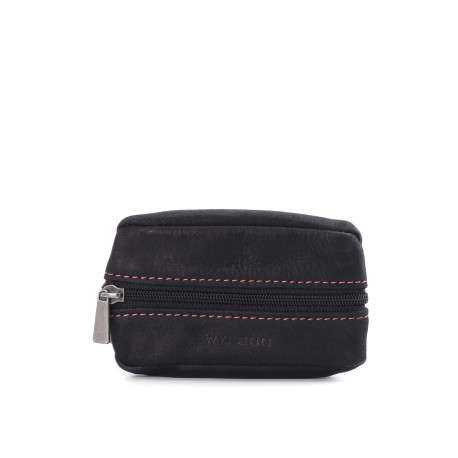 Porte-monnaie noir uni en cuir à fermeture zippée et logo embossée