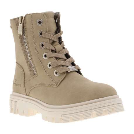 Bottines taupe fourrées à semelle plate à talon décroché bas et à lacets et zip latéral