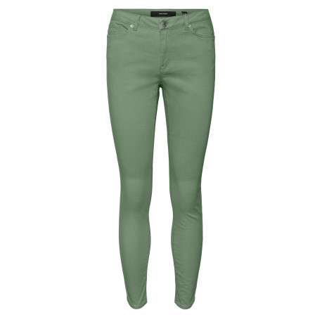 Pantalon en coton mélangé vert uni à coupe slim et ceinture boutonnée - Image 2