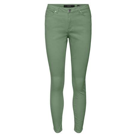 Pantalon en coton mélangé vert uni à coupe slim et ceinture boutonnée