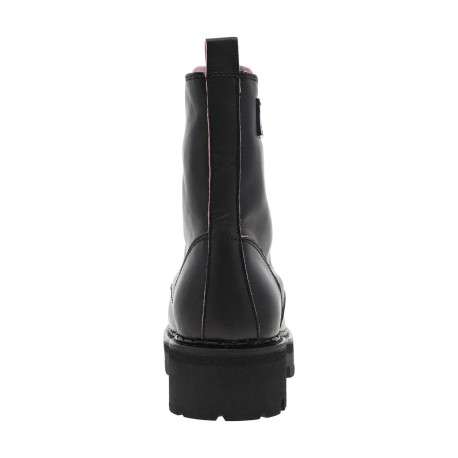 Boots en cuir noires à talon plat avec détails de couleur rose au niveau des coutures - Image 4