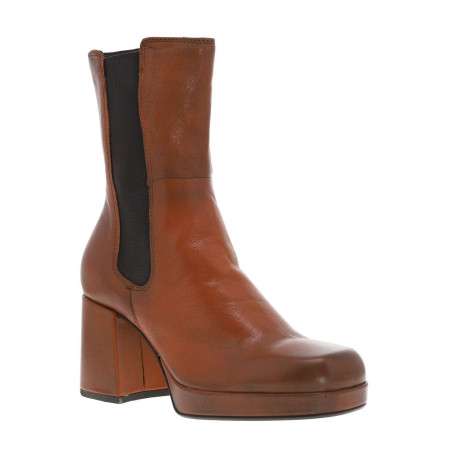 Boots en cuir marron à semelle surélevée à talon bloc décroché haut et à soufflets élastiqués contrastés