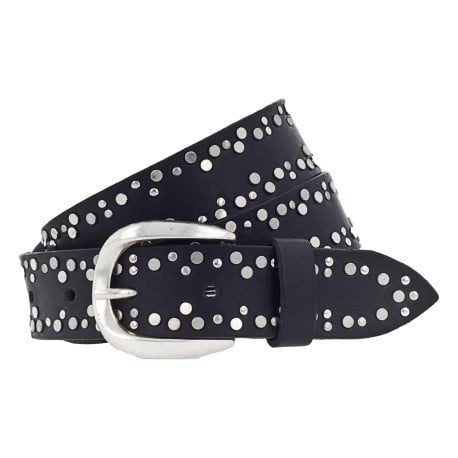 Ceinture noire cloutée avec une boucle métallique argentée arrondie