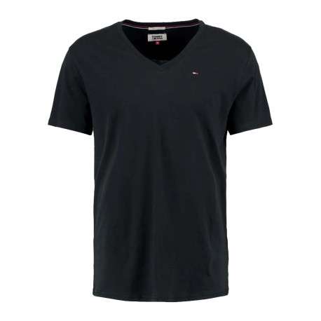 T-shirt en coton noir uni avec une coupe droite et un col en V
