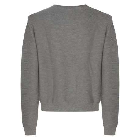 Pull à col rond gris uni texturé en lignes horizontales avec épaules marquées - Image 2