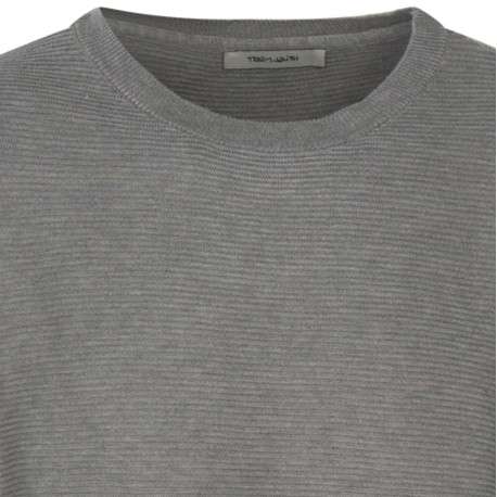 Pull à col rond gris uni texturé en lignes horizontales avec épaules marquées - Image 3