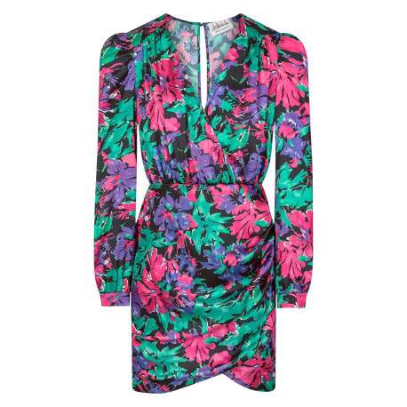 Robe courte multicolore fleurie avec une coupe asymétrique et col cache-coeur