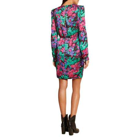 Robe courte multicolore fleurie avec une coupe asymétrique et col cache-coeur - Image 3