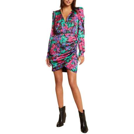 Robe courte multicolore fleurie avec une coupe asymétrique et col cache-coeur - Image 4