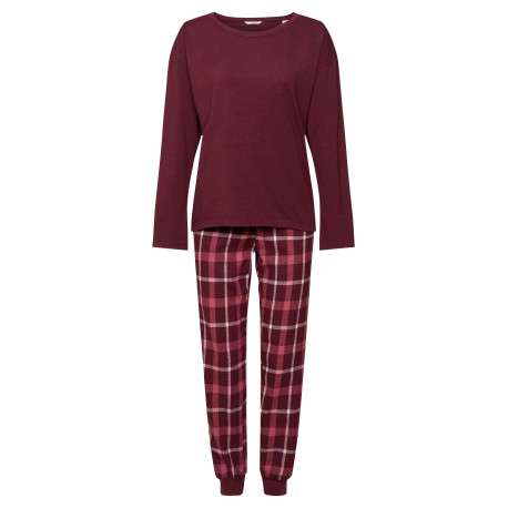 Pyjama long en coton bordeaux à carreaux avec une coupe droite, un col rond et à manches longues