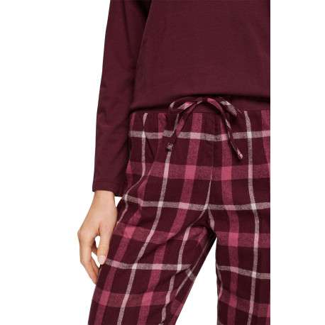 Pyjama long en coton bordeaux à carreaux avec une coupe droite, un col rond et à manches longues - Image 3