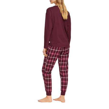 Pyjama long en coton bordeaux à carreaux avec une coupe droite, un col rond et à manches longues - Image 4