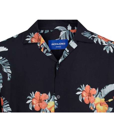 Chemise noire fleuri coupe ajustée col à cran et à manches courtes - Image 3