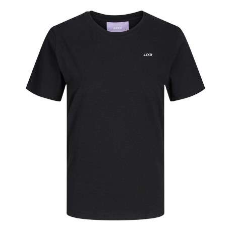 T-shirt Anna en coton biologique mélangé noir avec col rond et logo blanc floqué
