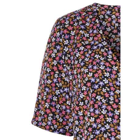 Robe courte noire fleurie à manches courtes avec une coupe évasée et un col v - Image 2