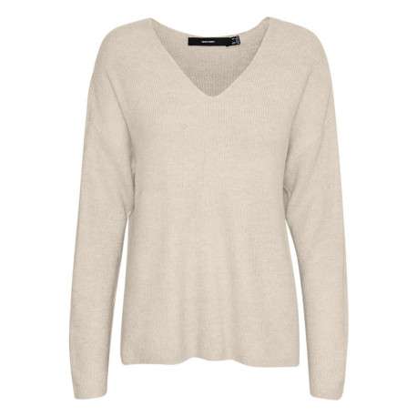 Pull beige côtelé avec une coupe droite col v et à manches longues