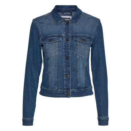 Blouson en jean en coton mélangé bleu à coupe droite et à col français