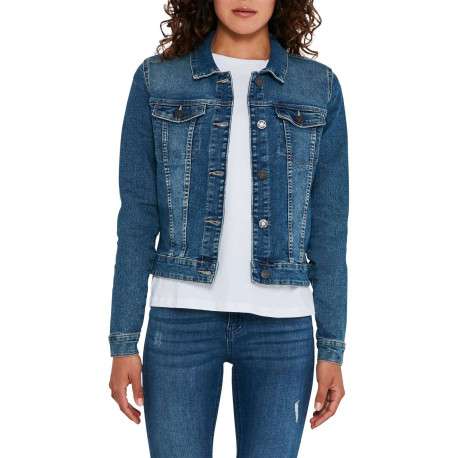 Blouson en jean en coton mélangé bleu à coupe droite et à col français - Image 3