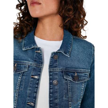 Blouson en jean en coton mélangé bleu à coupe droite et à col français - Image 5