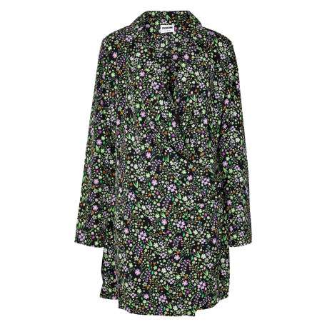 Robe courte noire imprimé floral avec un col cranté et des manches longues