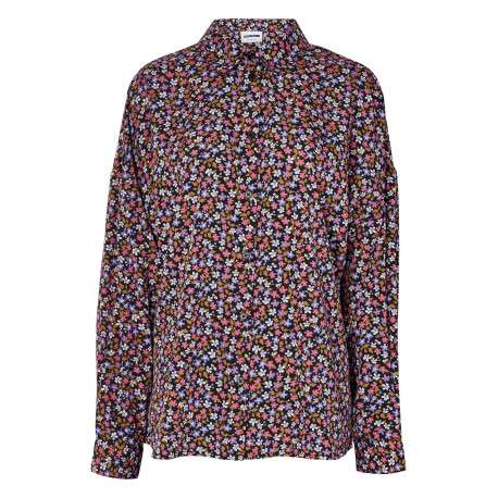 Chemisier noir à motif floral avec une coupe droite et un col français