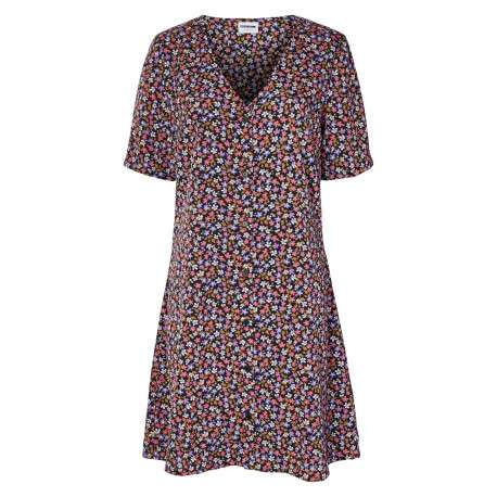 Robe courte noire fleurie à manches courtes avec une coupe évasée et un col v