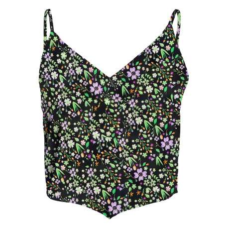 Top asymétrique noir fleuri avec une coupe cropped et un col v