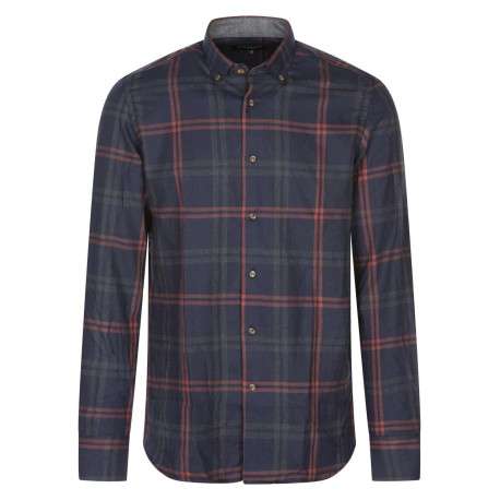 Chemise en coton marine à carreaux avec une coupe droite et col américain