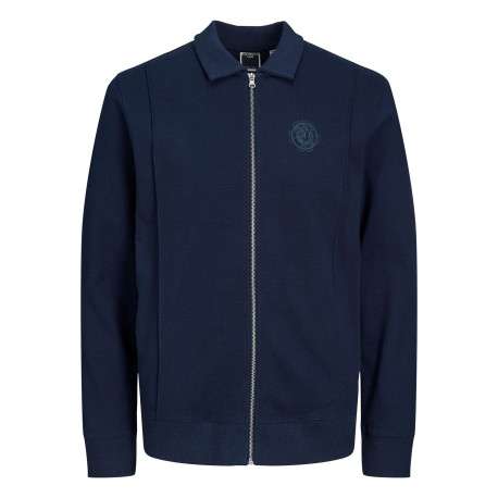 Sweat zippé en coton marine uni coupe droite avec col français en points Jersey