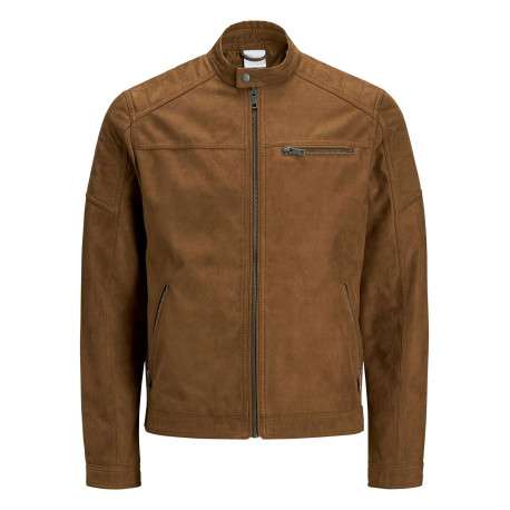 Blouson camel avec une coupe droite et un col boutonné style motard