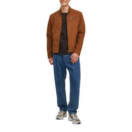 Blouson camel avec une coupe droite et un col boutonné style motard - Image 3