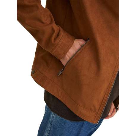 Blouson camel avec une coupe droite et un col boutonné style motard - Image 5