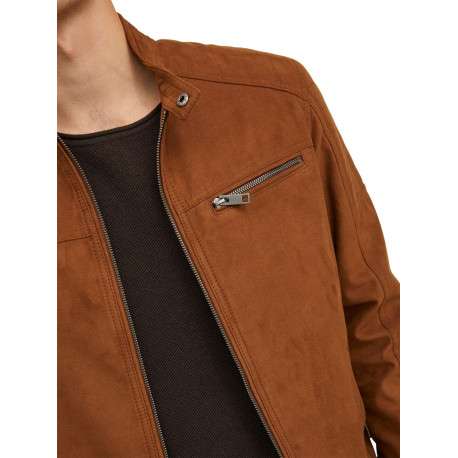 Blouson camel avec une coupe droite et un col boutonné style motard - Image 6