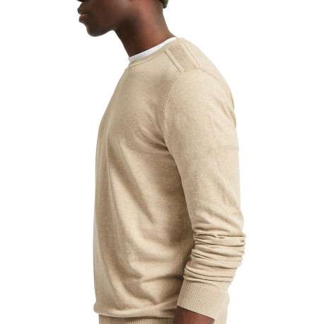 Pull en coton maille piquée beige avec une coupe droite et col rond - Image 3