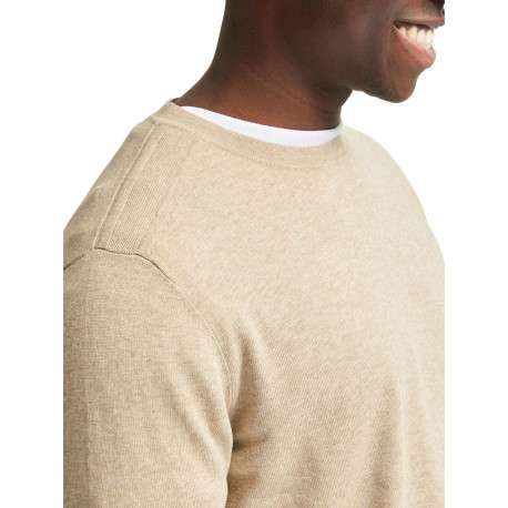 Pull en coton maille piquée beige avec une coupe droite et col rond - Image 4