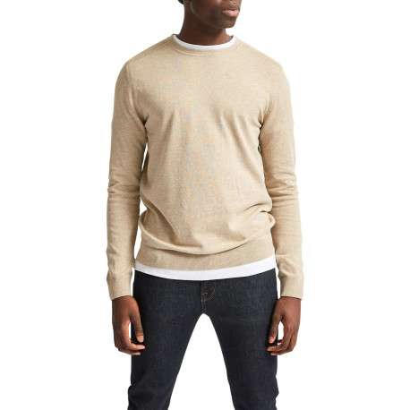 Pull en coton maille piquée beige avec une coupe droite et col rond - Image 5